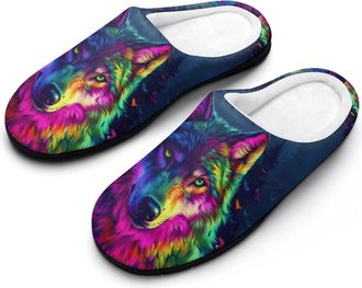 Generic Colorful Wolf Funny Mens Cotton Slippers Shoes Novelty Soft Non-Slip Sole Home Shoe