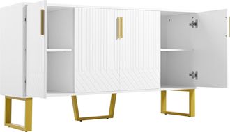 STILVORA Aparador Con 4 Puertas, Patr&oacute;n Geom&eacute;trico 3d Y Patas De Metal, Blanco Brillo, En Mdf, 140&times;40&times;80 Cm