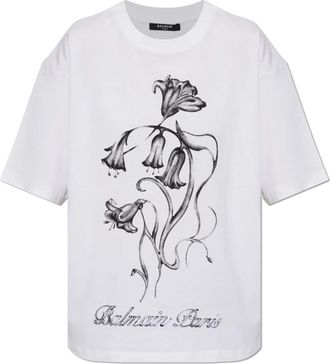 Balmain Printed Flower T-shirt - Dames - T-shirts - Wit - M - Katoen - Tops