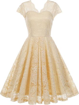 Generic Women Cap Sleeve Floral Lace Elegant Cocktail Dress V Neck Knee Length A Line Wedding Guest Bridesmaid Dresses (Apricot,S)