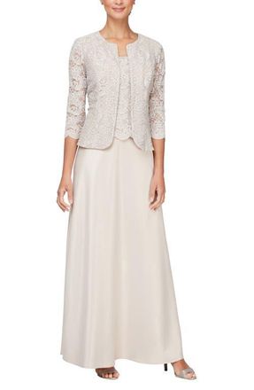 Alex Evenings Embroidered Lace Mock Two-Piece Gown with Jacket in Taupe at Nordstrom, Size 10