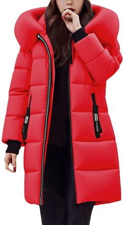 Generic Red Puffer Parka Winter Jacket for Women UK Long Thickened Down Jackets with Fur Hood Thick Waterproof and Windproof Full Zip Thermal Coats Solid Colo