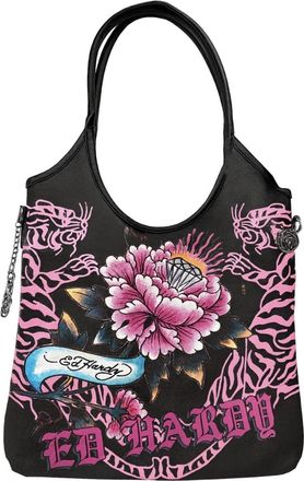 Ed Hardy PANTHER TOTE SHOULDER BAG, Black/Pink Floral