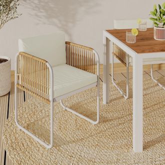 IDMarket Lote De 4 Sillas Rio Con Armaz&oacute;n De Metal Blanco, Cord&oacute;n Efecto Rat&aacute;n Claro Y Cojines Beige