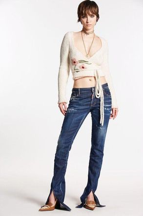 Dsquared2 Womens Navy Blue Distressed Split-Hem Jeans, Size 0