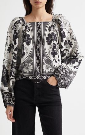 Farm Rio Placed Floral Print Long Sleeve Cotton Top in Flower Leopards at Nordstrom, Size X-Small