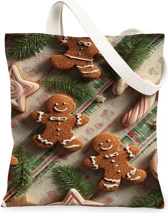 Generic Gingerbread Canvas Tote Bags, Holiday Biscuits Pattern Reusable Grocery Bags, Lightweight Washable Shoulder Strap for Shopp, Brown, 13x15 Inch