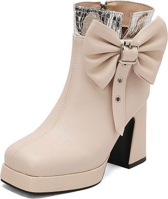 Generic Womens Elegant Ankle Boots with Oversized Bow Crocodile Pattern Trim Chunky Block Heels Platform Sole Comfortable Anti-Slip Wear-Resistant for Daily P