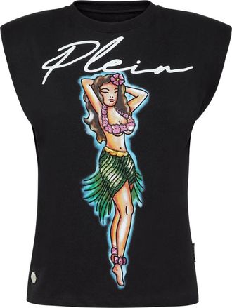 Philipp Plein Tops, Dames, Zwart, XL, Katoen, T-Shirt Ronde Hals Hawaii