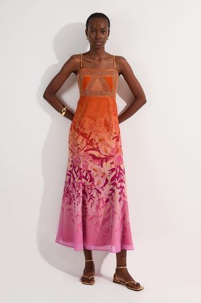 Karen Millen Womens Embellished Ombre Floral Pleated Woven Bandeau Maxi Dress - Orange - Size 10 UK