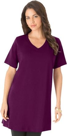 Roaman's Plus Size Ultimate Cotton V-Neck Short Sleeve Tunic in Dark Berry at Nordstrom, Size Medium