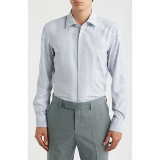 BOSS Hank Slim Fit Stripe Stretch Dress Shirt in Green at Nordstrom, Size 17.5
