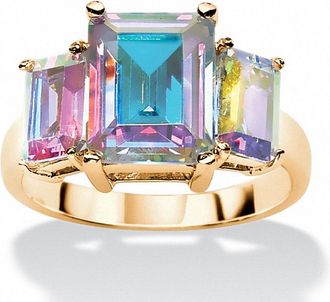 Palm Beach Jewelry 5.60 TCW Emerald-Cut Aurora Borealis Gold-Plated 3-Stone Classic Ring