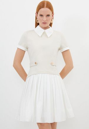 Karen Millen Womens Jersey Cotton Poplin Pleated Mini Dress - Beige viscose - Size Small