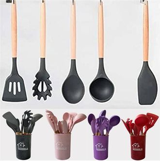 Trade Shop Trade Shop - Set 12 Utensili Da Cucina In Silicone Con Manico Legno Antiaderenti Resistenti