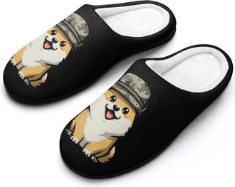 Generic Smiling Corgi Dog in Military Hat Funny Mens Cotton Slippers Soft Non-Slip Rubber Sole House Slipper Indoor Outdoor