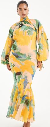 Asos Curve ASOS DESIGN Curve - Vestito lungo accollato verde con stampa floreale e godet sul fondo-Multicolore