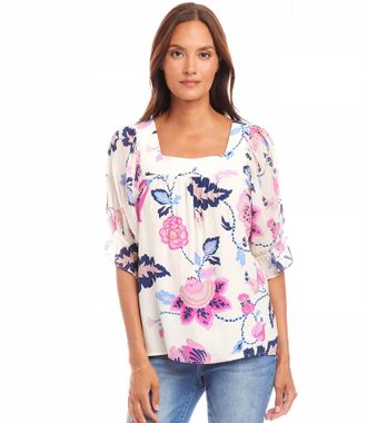 Karen Kane Corrine Contrast Square Neck Top In Pink And Blue Print