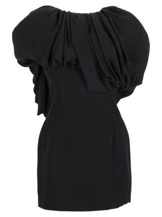 Magda Butrym Black Draped Puffed-Sleeve Mini Dress