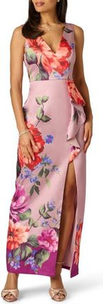 Adrianna Papell Floral Waterfall Ruffle Mikado Gown in Mauve Multi at Nordstrom, Size 10