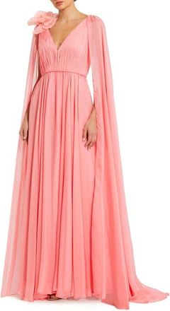 Mac Duggal Chiffon V-Neck Cape Sleeve Gown with Floral Shoulder Detail in Hibiscus at Nordstrom, Size 10