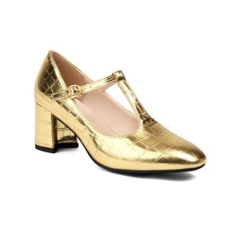 Generic Womens Crocodile Embossed PU Leather T Strap Pumps Adjustable Gold Buckle Square Toe Chunky Block Heel Non Slip Durable Comfortable Dress Shoes,Gold,1