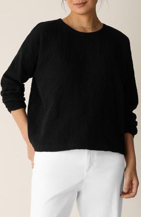 Eileen Fisher Crinkled Boxy Long Sleeve Stretch Organic Cotton Top in Black at Nordstrom, Size Xx-Small