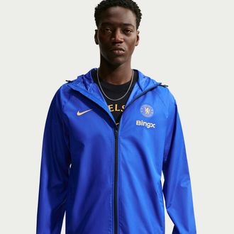 Nike Chelsea FC Academy Pro Nike Mens Storm-FIT Soccer Hooded Rain Jacket in Blue | IU0666-452