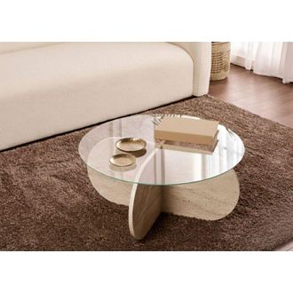 Dmora Mesa De Centro Cugnoli, Forma Redonda, Tapa De Vidrio, Estructura De Vidrio, 75x75x35h Cm Blanco M&aacute;rmol