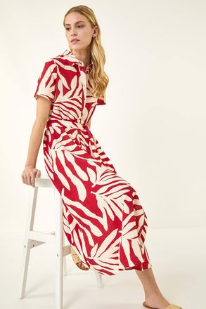 Roman Leaf Print Belted Midi Shirt Dress