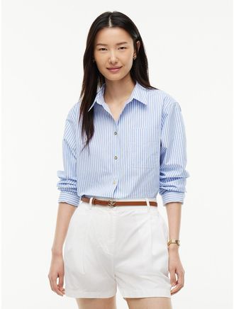 Tommy Hilfiger Womens Boxy Fit Gold-Button Stripe Poplin Shirt - Light Blue Stripe - XXL