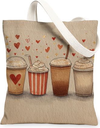 Generic Heart Pattern Canvas Tote Bags, Cute Coffee Cup Design Reusable Grocery Bags, ValentineS Day Lightweight Washable Shoulder, Beige, 13x15 Inch
