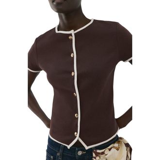 Mango Piped Trim Cotton Button-Up Top in Chocolate at Nordstrom, Size Medium