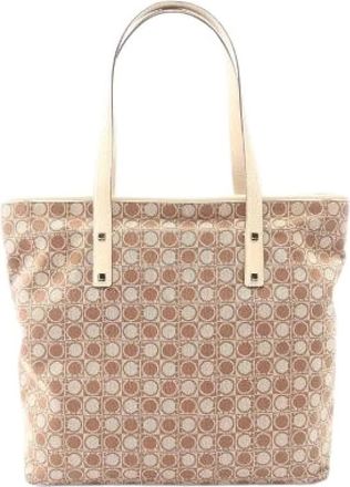 Ferragamo Pre-owned Tote Bags, female, Beige, Size: ONE SIZE Pre-owned Gancini Canvas Leather Tote Bag