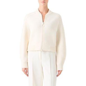Akris Stretch Virgin Wool Bomber Cardigan in Ivory at Nordstrom, Size 16