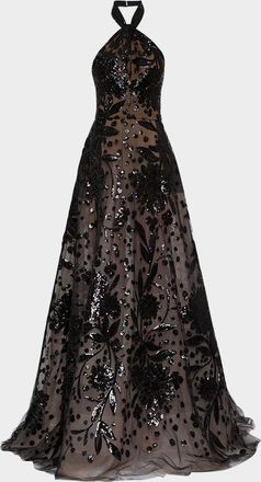 Elie Saab Floral Sequin Tulle Halter Gown