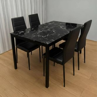 Kosy Koala Black Marble Effect Dining Table Set with 4 Black Faux Leather Chairs