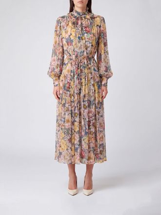 Twinset Floral Cr&ecirc;pe Midi Dress with Scarf Neck and a Tie-Waist Belt