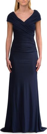 La Femme Off the Shoulder Ruched Net Jersey Evening Dress in Navy at Nordstrom, Size 12