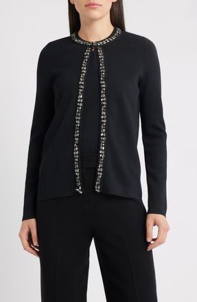 Anne Klein Rhinestone Trim Cardigan in Anne Black at Nordstrom, Size Xx-Small