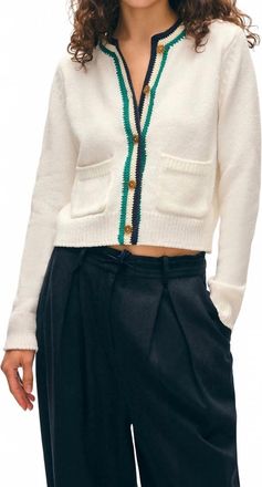 White + Warren Womens Lofty Cotton Crochet Trim Cardigan In Ivory/navy/teal
