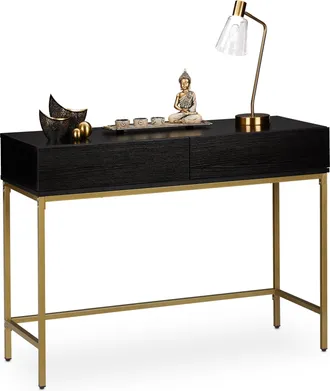 Relaxdays Relaxdays - Consola Recibidor, 2 Cajones, Sideboard, Mesita Pasillo, Sal&oacute;n, Madera Y Metal, 80x110x40 Cm, Negro Y Dorado