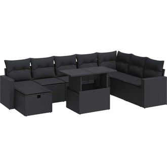 vidaXL Set De Sof&aacute;s De Jard&iacute;n Con Cojines 9 Pzas Rat&aacute;n Sint&eacute;tico Negro