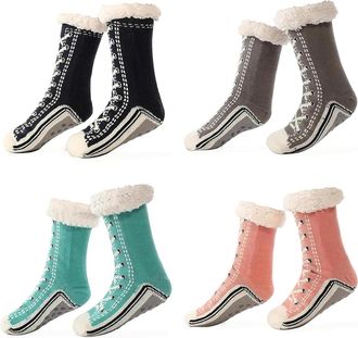 Generic Unisex Thick Cashmere Slipper Home Socks Fluffy Plush Comfy Sleeping Footwear Non-slip Grippy Boots Thermal Plush Booties (4pcs-c,One Size)