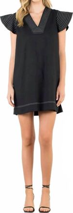 THML Clothing Striped Flutter Sleeve V-Neck Dress In Black
