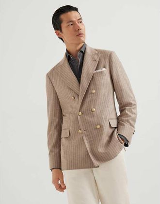 Brunello Cucinelli Mens Sand Grey Double Breasted Wool Silk Blazer, Size 52