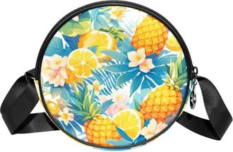 Generic Circle Crossbody Bag for Women, Tropical Pineapple Small Sling Bag Daypack with Zipper Adjustable Shoulder Straps Casual Ladies Girls Round Purse