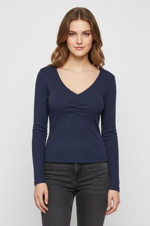 Only Langarmshirt ONLY ONLBETTY LIFE L/S SCALLOP V-NECK CC JRS, Damen, Gr. XL, navy blazer, Jersey, Obermaterial: 95% Baumwolle, 5% Elasthan, unifarben, h&uuml;
