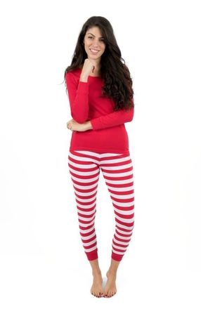 Leveret Womens Cotton Striped Matching Family Holiday Pajamas in Solid Red Top & Striped Pant at Nordstrom, Size X-Large