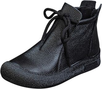 Generic Soft Leather Ankle Boots, Anti-Collision Flat Bottom Winter Boots with Velvet Lining, Yellow Beige Brown Black, Breathable Rubber Sole